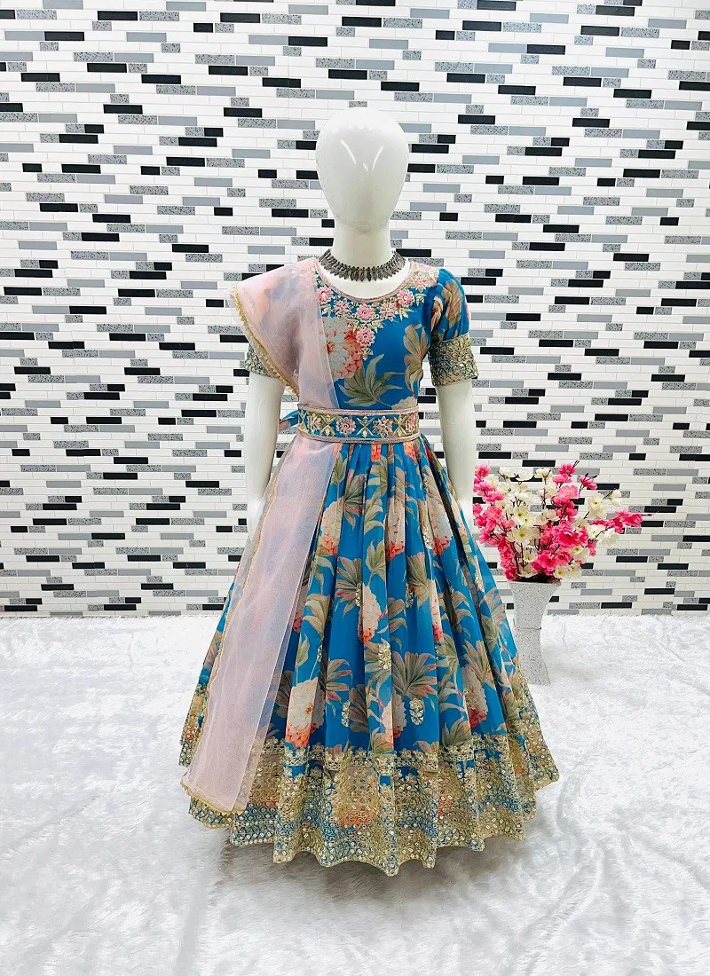 OC 152 Heavy Faux Georgette Printed Girl Kids Wear Gown With Dupatta Blue