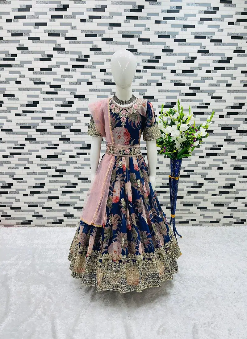 OC 152 Heavy Faux Georgette Printed Girl Kids Wear Gown With Dupatta Navy