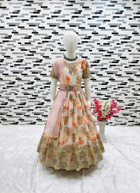 OC 152 Heavy Faux Georgette Printed Girl Kids Wear Gown With Dupatta Peach