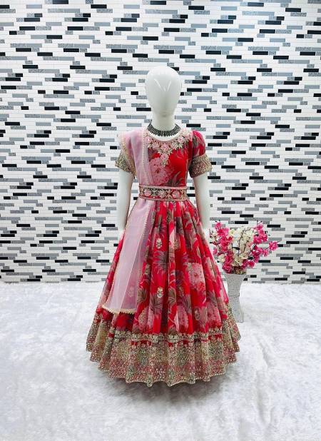 OC 152 Heavy Faux Georgette Printed Girl Kids Wear Gown With Dupatta Red