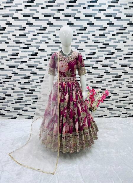 OC 152 Heavy Faux Georgette Printed Girl Kids Wear Gown With Dupatta Wine