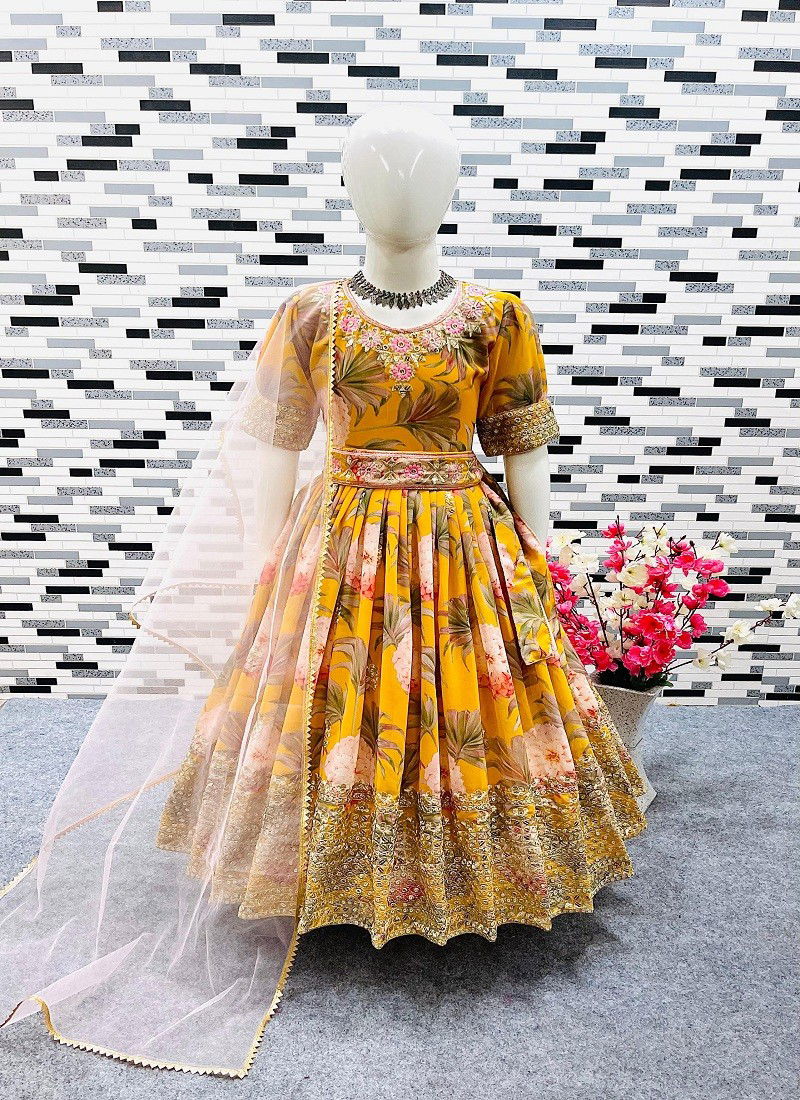 OC 152 Heavy Faux Georgette Printed Girl Kids Wear Gown With Dupatta Yellow