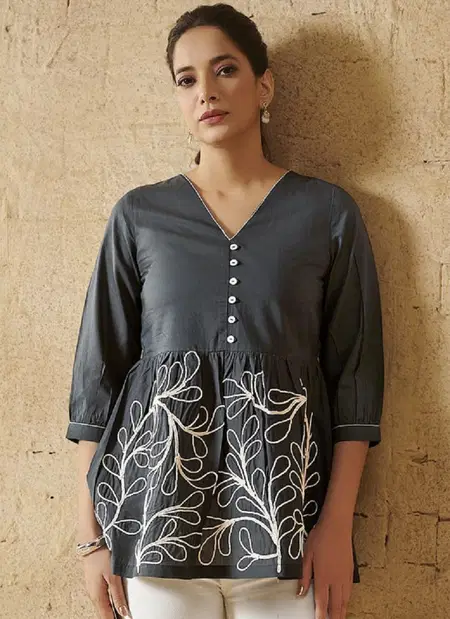 Grey Colour Pure Cotton Fancy Short Top OP-KUC20002