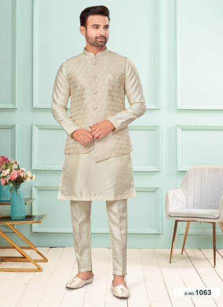 Off White And Gold Colour GS Fashion Wedding Wear Mens Designer Modi Jacket Kurta Pajama Wholesale Online 1063