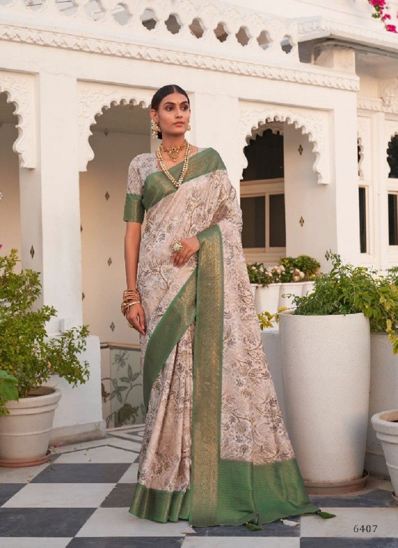 Off White And Green Colour Saanj By Pankh Khadi Silk Digital Print Saree Exporters In India 6407