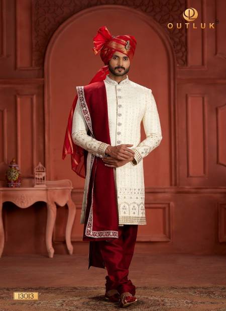 Off White And Maroon Colour Outluk Wedding Collection Vol 13 Heavy Silk Mens Wear Sherwani Manufacturers 13013