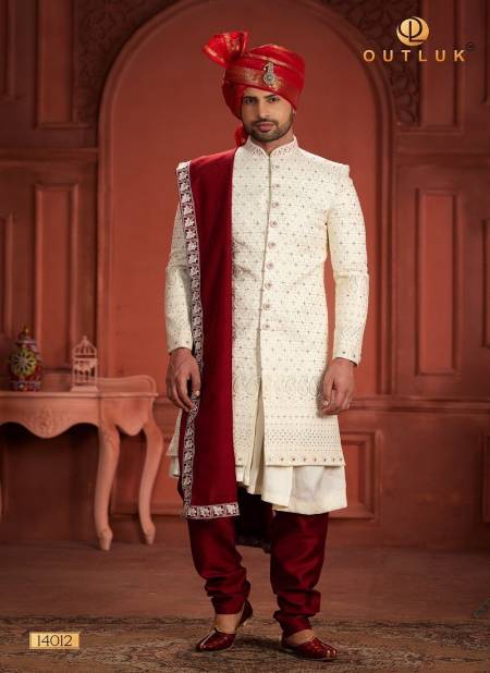 Off White And Maroon Colour Outluk Wedding Collection Vol 14 Pure Silk Mens Wear Sherwani Wholesale Online 14012
