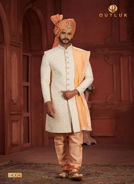 Off White And Orange Colour Outluk Wedding Collection Vol 14 Pure Silk Mens Wear Sherwani Wholesale Online 14004