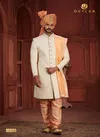 Off White And Orange Colour Outluk Wedding Collection Vol 14 Pure Silk Mens Wear Sherwani Wholesale Online 14004