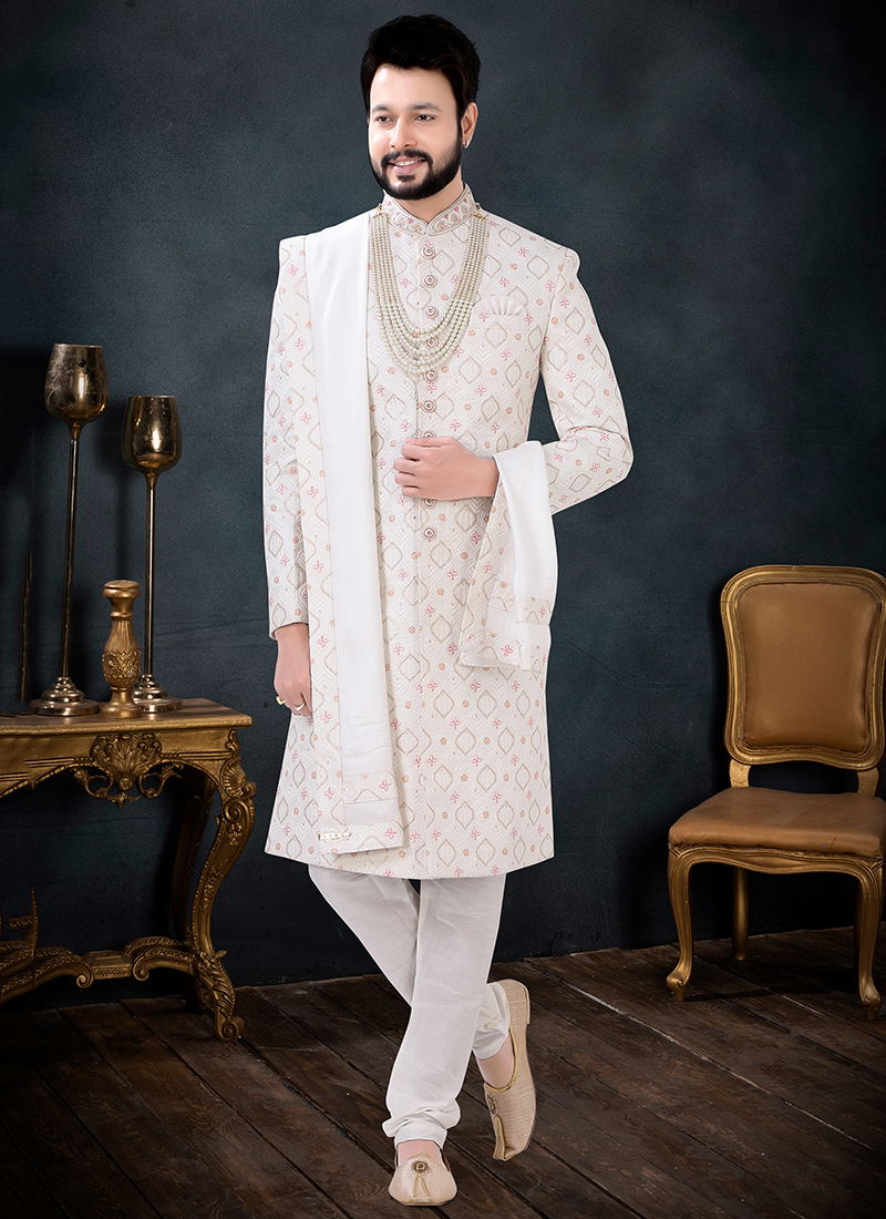 Off White And White Colour Wedding Wear Mens Wholesale Indo Western 1693