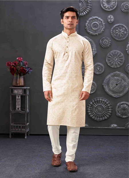 Off White Colour 1630 Occasion Mens Wear Poly Blend Kurta Pajama Surat Wholesale Market 1630-5