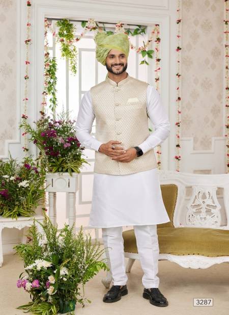 Off White Colour 1645 Wedding Wear Art Silk Mens Modi Jacket Kurta Pajama Exporters In India 3287