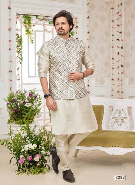 Off White Colour 1645 Wedding Wear Art Silk Mens Modi Jacket Kurta Pajama Exporters In India 3289