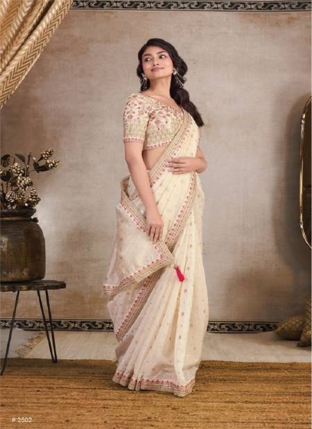 Off White Colour Gulabi By Renik Fashion Heavy Embroidery Organza Saree Suppliers In India 2502