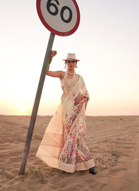 Off White Colour Kaffyn By Rajtex Printed Handwoven Linen Sarees Wholesale Market In Surat 380002