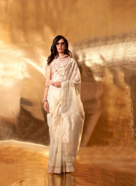 Off White Colour Kelly Linen By Rajtex Linen Cotton Handwoven Saree Wholesalers In Delhi 371002