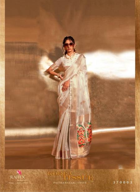 Off White Colour Korra Tissue By Rajtex 370001 To 370006 Paithani Zari Wedding Sarees Wholesale Shop In Surat 370003