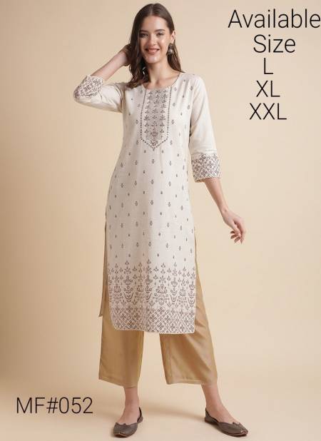 Off White Colour Mesmora Heavy Beautiful Printed Cotton Kurti Wholesale Market In Surat With Price MF052