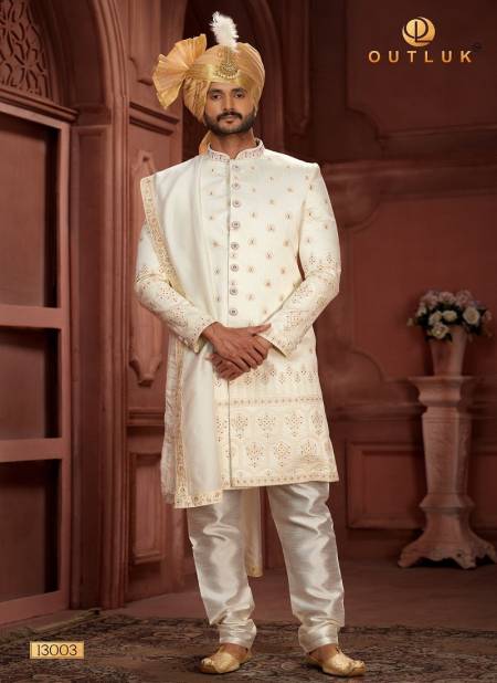 Off White Colour Outluk Wedding Collection Vol 13 Heavy Silk Mens Wear Groom Sherwani Manufacturers 13003