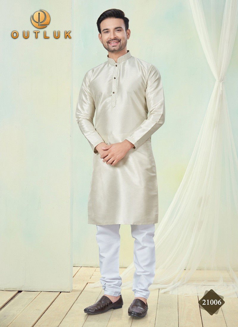 Off White Colour Outluk Wedding Collection Vol 21 Pure Silk Mens Wholesale Kurta Pajama Manufacturers 21006