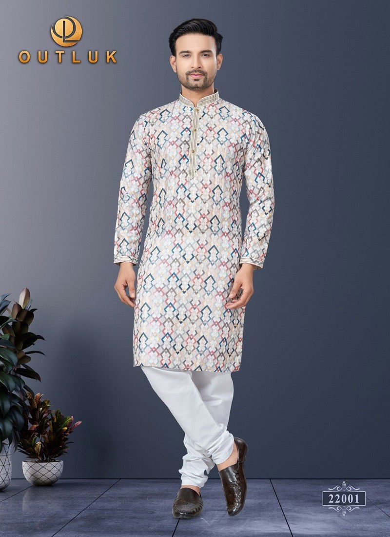 Off White Colour Outluk Wedding Collection Vol 22 Mens Kurta Pajama Suppliers In India 22001