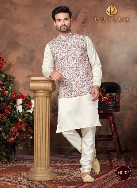 Off White Colour Outluk Wedding Collection Vol 6 Mens Wear Modi Jacket Kurta Pajama Catalog 6002