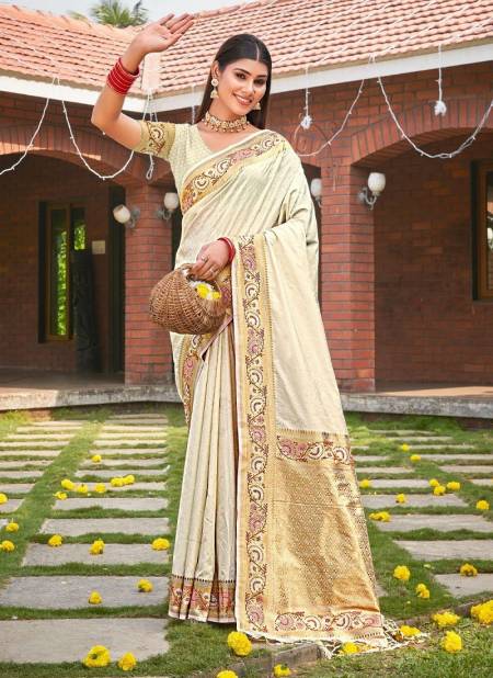 Off White Colour Susobhana Silk By Bunawat Kanjivaram Silk Wedding Wear Sarees Wholesale Market In Surat 1003