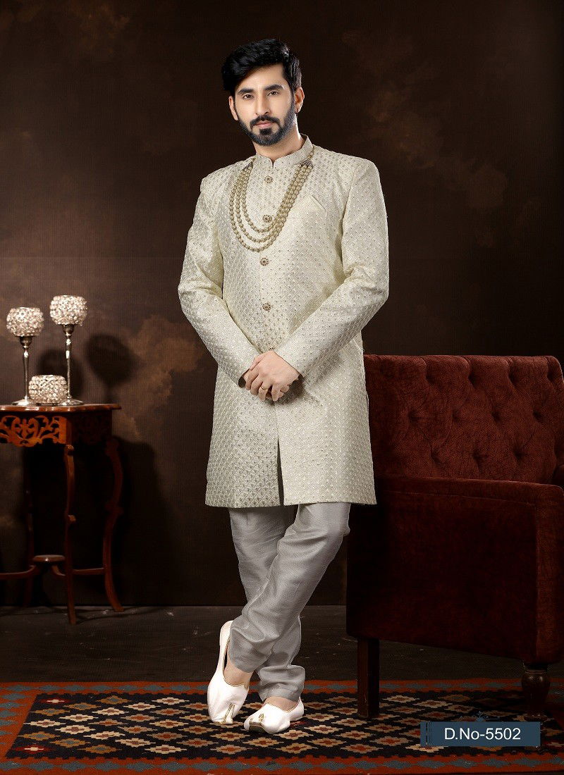 Off White Colour Vol 12 Wedding Wear Mens Wholesale Sherwani In India 5502