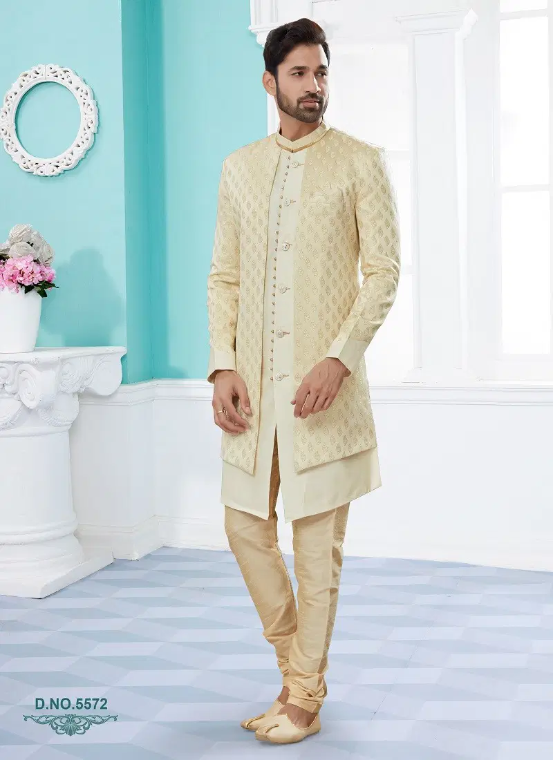 Off White Colour Vol 14 Party Wear Mens Sherwani Exporters In India 5572