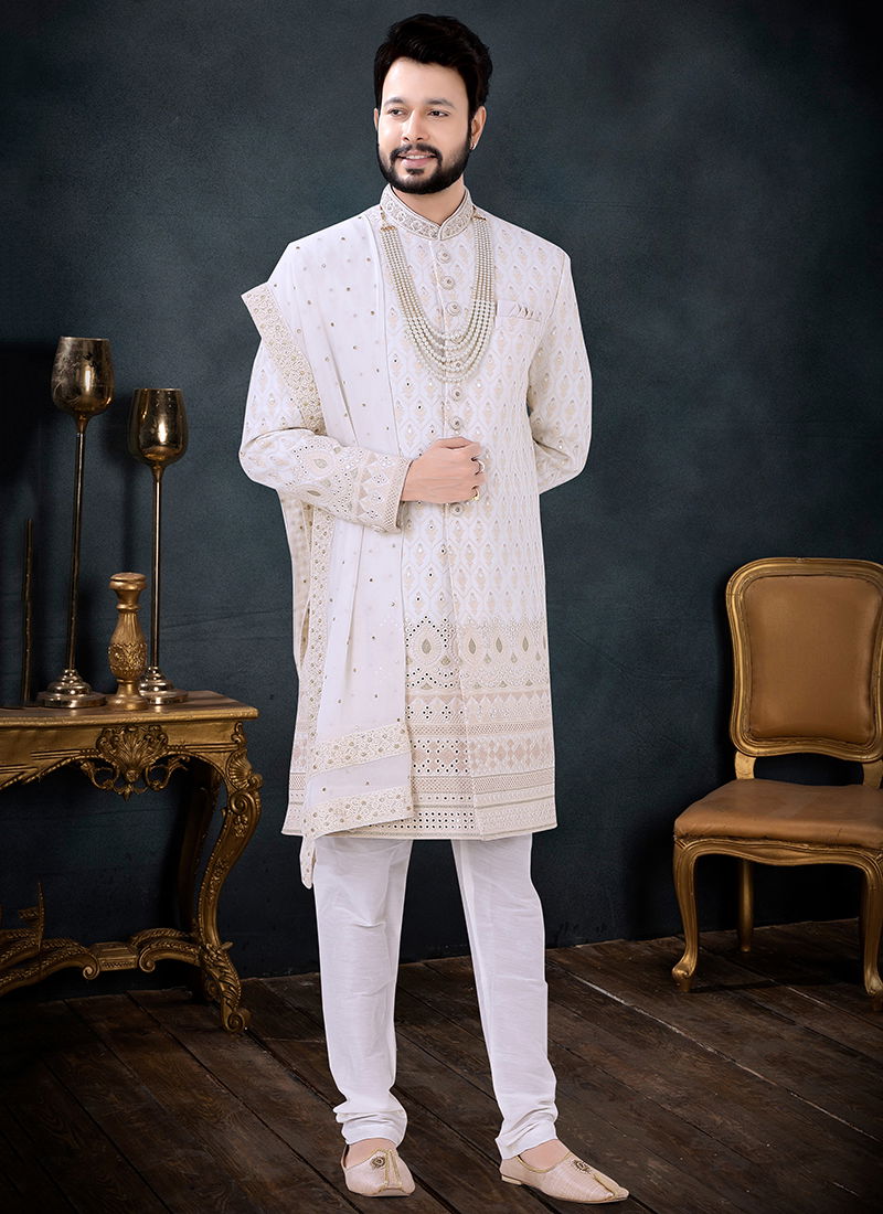 Off White Colour Wedding Wear Mens Wholesale Indo Western 1692