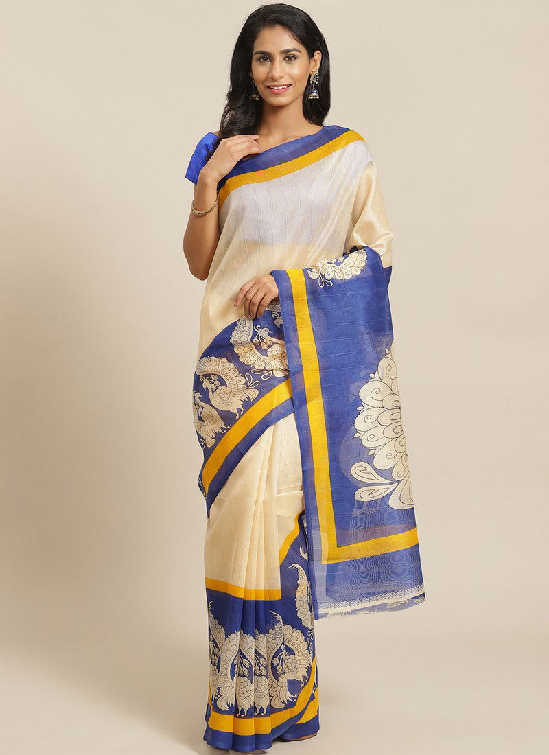 Off White Daily Wear Pinted Bhagalpuri Saree 87