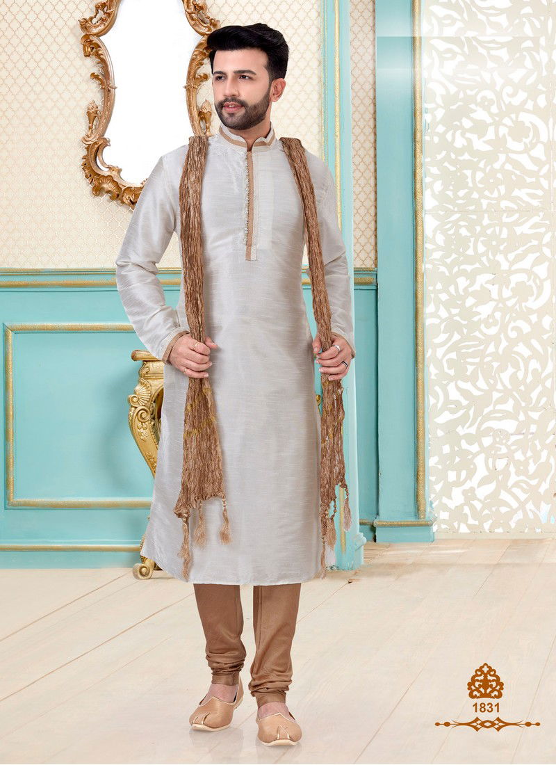 Off White Dupion Silk Readymade Mens Kurta Payjama 1831