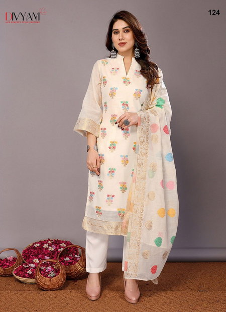 Off White Multi Colour Sadhna By Divyam Chanderi Cotton Designer Kurtis With Bottom Dupatta Exporters In India 124