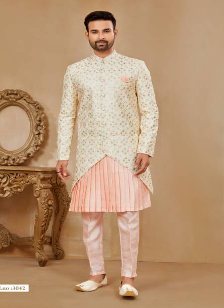 Off White and Peach Colour Party wear Exclusive Indo Western Mens wear Catalog 3042