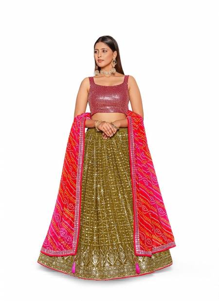 Olive And Pink Colour Golden Palm By Zeel Clothing Georgette Lehenga Choli Wholesale Online 8004