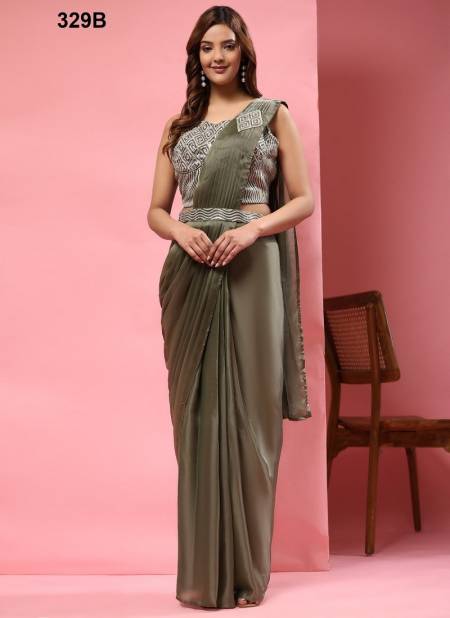 Olive Colour Amoha 329A TO 329D Series Readymade Saree Exporters in India 329B