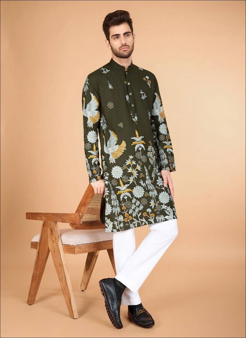 Olive Colour Heritage Style By Shubhvastra Viscose Rayon Wedding Wear Mens Kurta Orders In India 61126