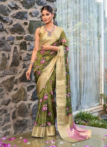 Olive Colour SS 173 Flower Printed Litchi Jacquard Womans Saree Wholesalers In Delhi DS-110