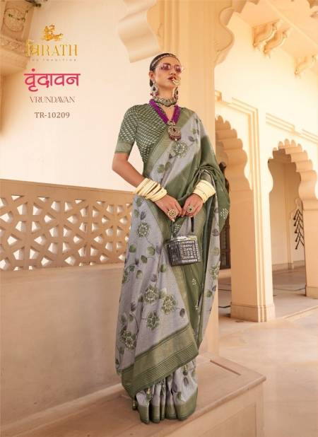 Olive Colour Vrundavan By Trirath Pv Silk Flower Foil Printed Saree Wholesale Shop In Surat TR-10209