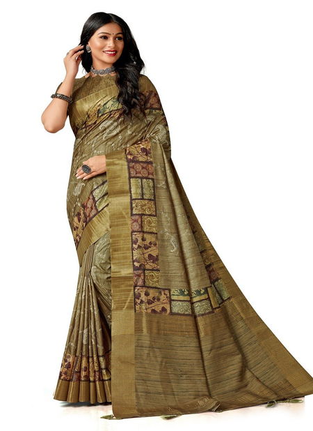 Olive Green Colour Amuska Silk Printed Designer Saree Catalog 7516 Catalog