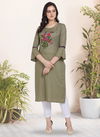 Olive Green Cotton Silk Casual Wear Designer Handwork Simple Kurtis 7073