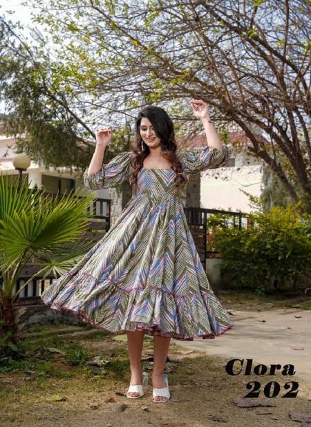 Olive Multi Colour Clora vol 2 By Lucaya Beautiful Printed Flair Rayon Ladies One Piece Western Dress Manufacturers Clora 202