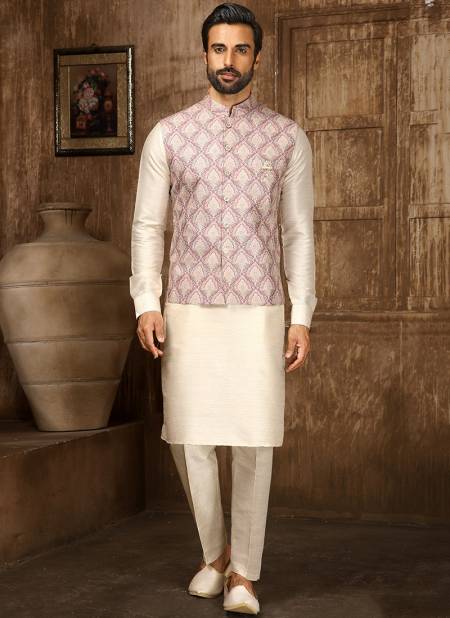 Onion And Cream Colour Ethnic Wear Wholesale Kurta Pajama With Jacket Collection 1323