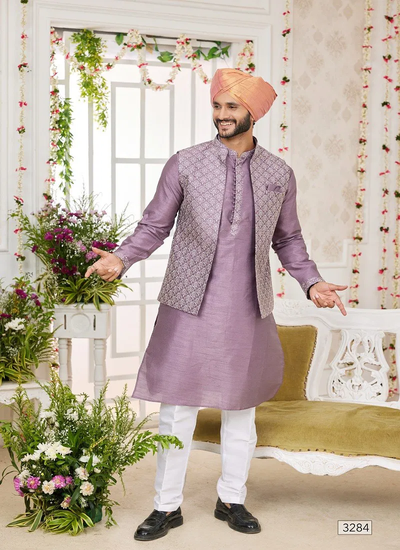 Onion Colour 1645 Wedding Wear Art Silk Mens Modi Jacket Kurta Pajama Exporters In India 3284