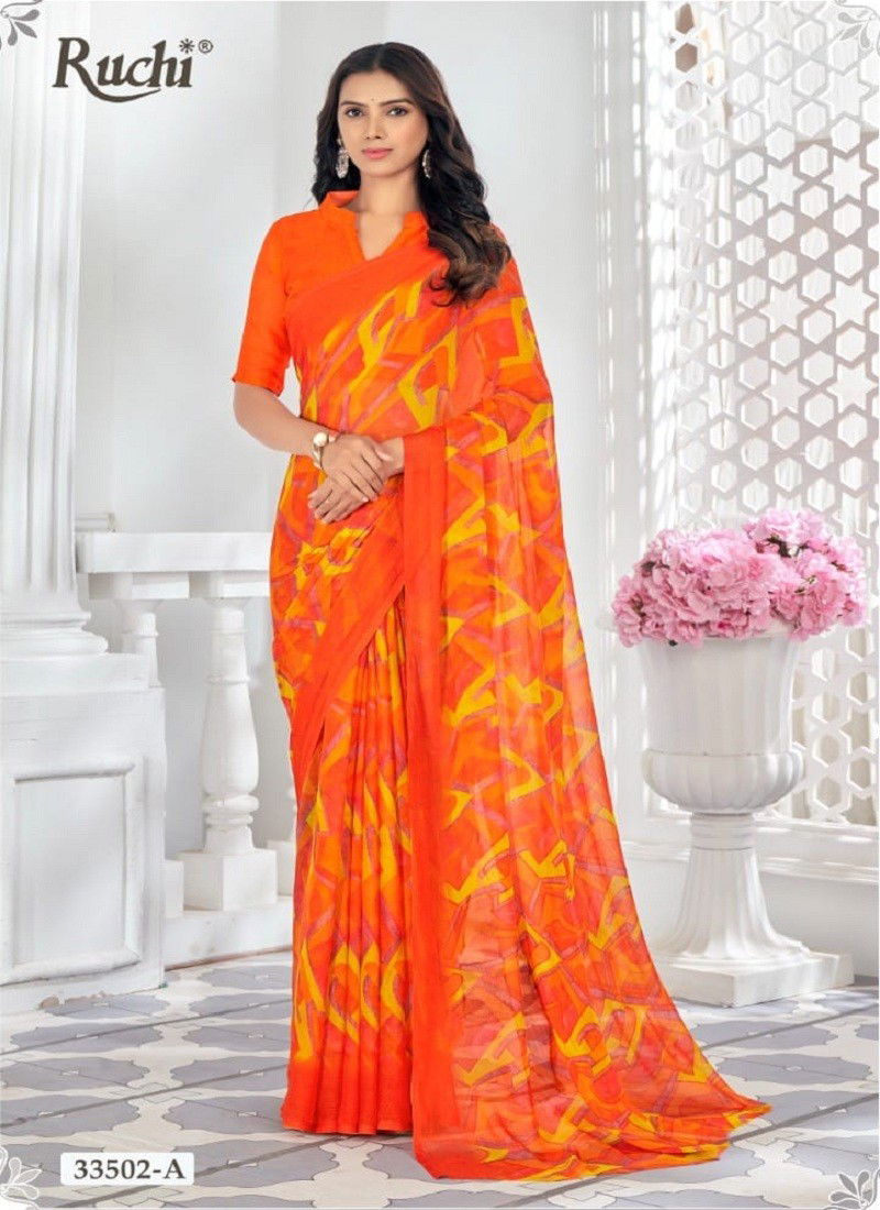 Oragne Multi Colour Star Chiffon 159 By Ruchi Printed Daily Wear Sarees Orders In India 33502-A