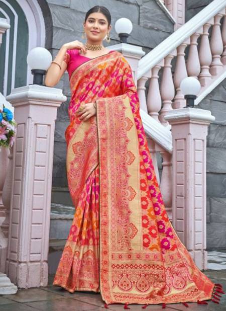 Komal Pink-Orange Banarasi Silk Saree – Zariknyaa