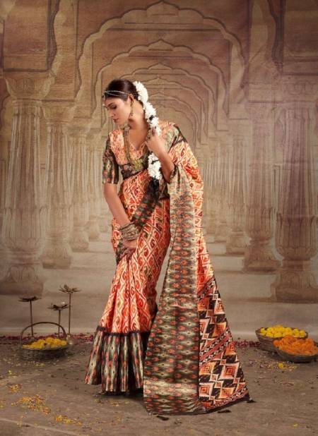 Orange And Brown Colour Rashmika 1001 To 1012 By Mahamani Creation Printed Heavy Tusser Gotha Silk Saree Wholesale Online 1009