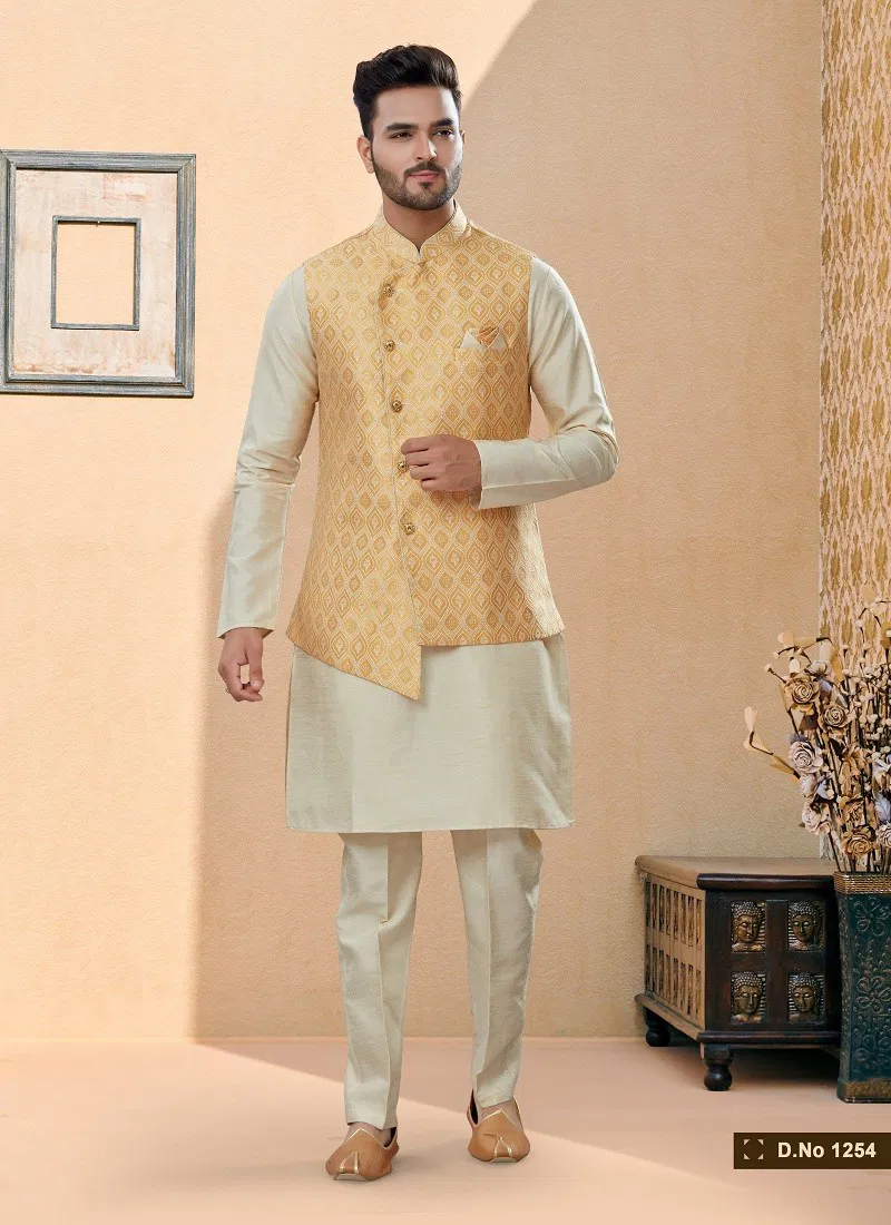 Orange And Cream Vol 15 Wedding Wear Mens Modi Jacket Kurta Pajama Surat Wholesale Market 1254