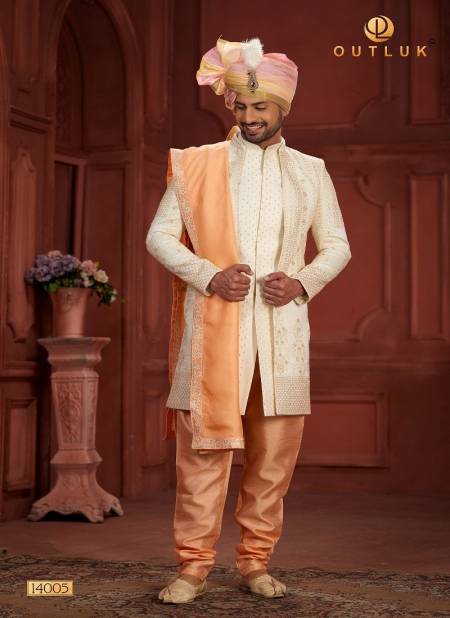 Orange And Off White Colour Outluk Wedding Collection Vol 14 Pure Silk Mens Wear Sherwani Wholesale Online 14005