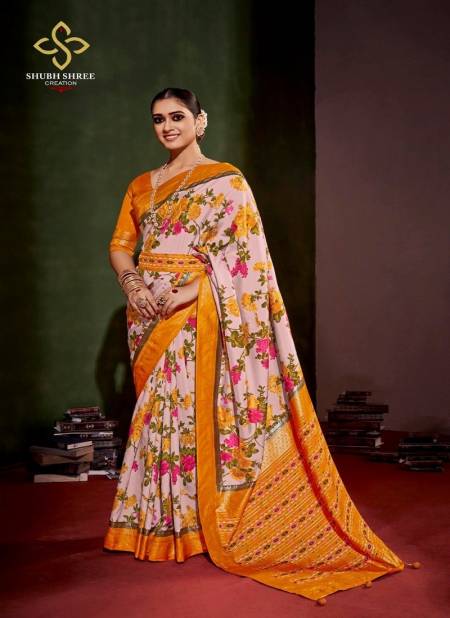 Orange And Pink Colour Anusharam By Shubh Shree Velvet Tussar Silk Designer Saree Catalog 1004